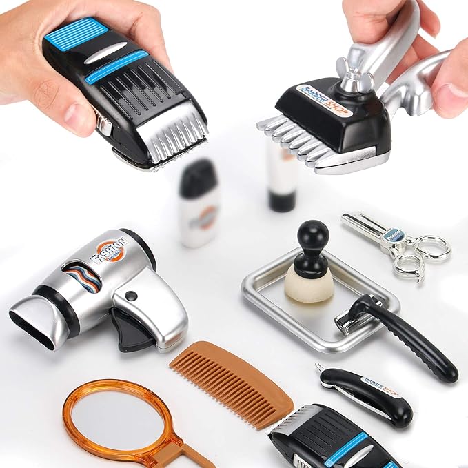 24 Pcs Barber Shop Pretend Play Toy - My First Shaving and Grooming Haircut Kit Toddler Role Play Set with Styling Accessories & Storage Box for Kids, Boys-CubbioJoy