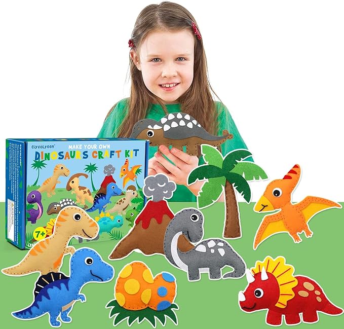 CiyvoLyeen Dinosaur Sewing Craft Kit DIY Kids Craft and Sew Set for Girls and Boys Educational Beginners Sewing Stuffed Animal Felt Plush Ornaments Set of 14 Sewing Kits for Kids Age 8 9 10 11 12-CubbioJoy