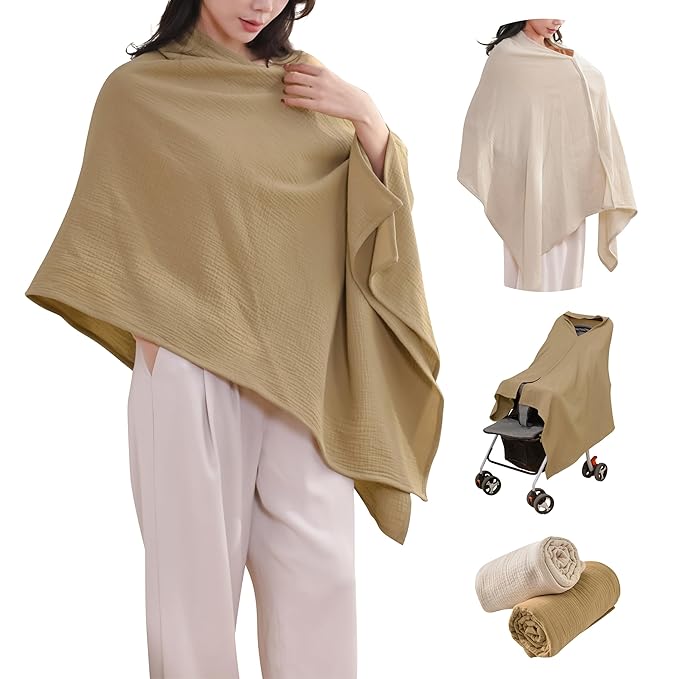 2-Pack Nursing Covers for Breastfeeding, 100% Organic Cotton Muslin Breastfeeding Cover, Multi-Use Nursing Scarf, Car Seat Canopy, Stroller Cover, Soft Breathable Baby Blanket Khaki Brown-CubbioJoy