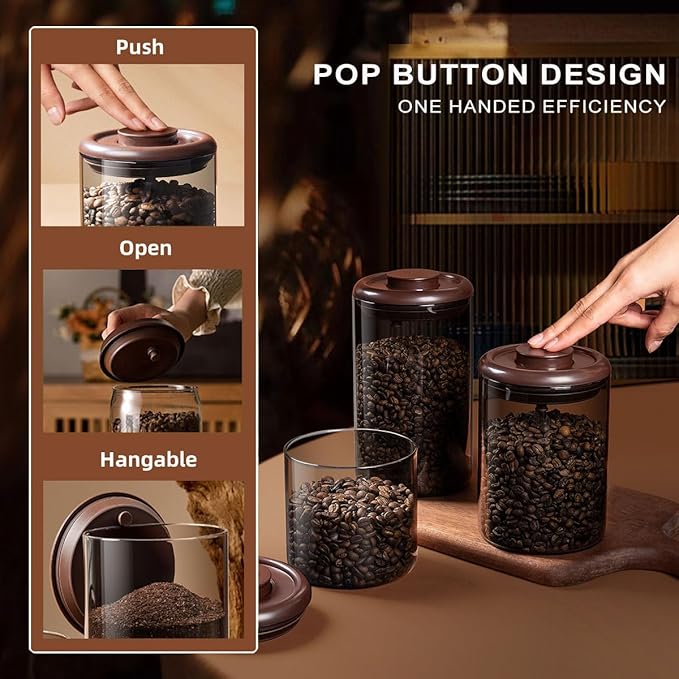 Ankou Glass Coffee Canister 900ml x 2 Jar, Airtight Food Storage Container with Pop Lid, Kitchen High Borosilicate Glass Contianers For Tea Coffee Bean Sugar-CubbioJoy