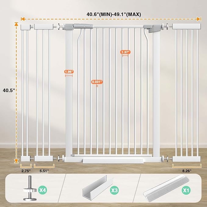 40.5" Extra Tall Baby Gate for Stairs, 40.6"-49.1" Extra Wide Dog Pet Gate Indoor, Pressure Mounted Safety First Baby Gate, No Drill Puppy Tall Gate for Doorways Walk Through House, White-CubbioJoy