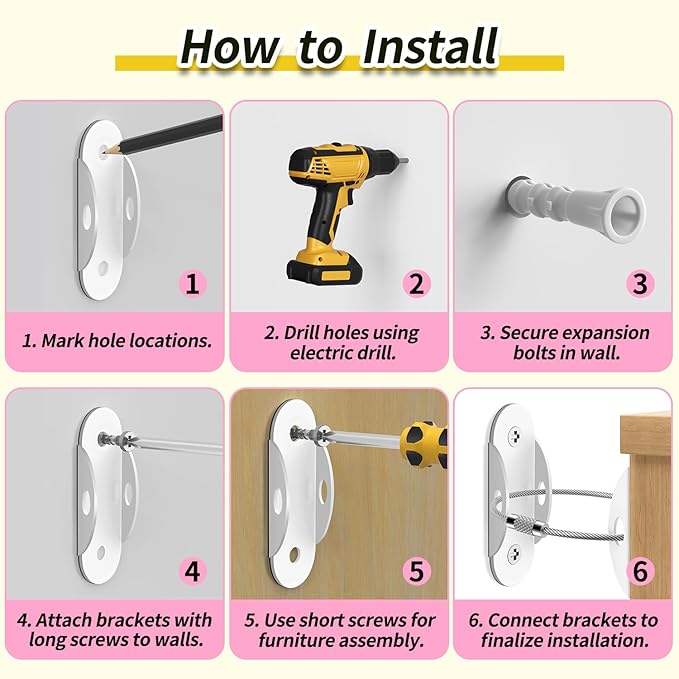 Anti Tip Furniture Anchors (6 Packs) Furniture Anchors for Baby Proofing, Earthquake Straps for Furniture Dresser Wall Safety Anchor Furniture Safety Straps Wall Straps, White-CubbioJoy