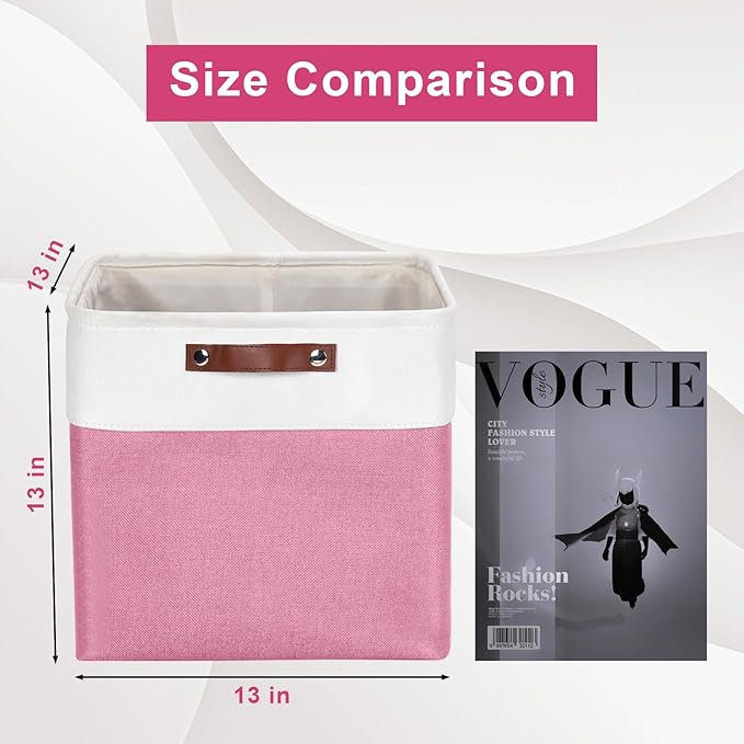 13x13 Cube Storage Bins, Collapsible Fabric Storage Box, 4 Pack Closet Baskets with Handles for Organizing, Shelf, Toys, Clothes, Home, Office, Nursery (Pink&White)-CubbioJoy