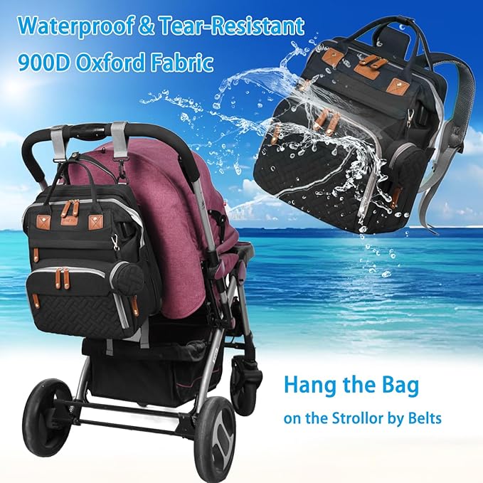 Jeryswet Baby Diaper Bags with Changing Station, Waterproof Large Capacity Diaper Bag Backpack for Moms Dads with USB Charging Port and Stroller Straps, Baby Shower Gifts, Black-CubbioJoy