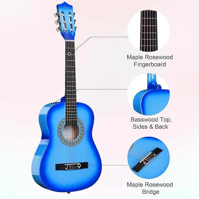 ADM Beginner Acoustic Classical Guitar 34 Inch Nylon Strings Wooden Guitar Bundle Kit for Kid Boy Girl Student Youth Guitarra Online Lessons with Gig Bag, Strap, Tuner, Strings, Picks, Blue-CubbioJoy