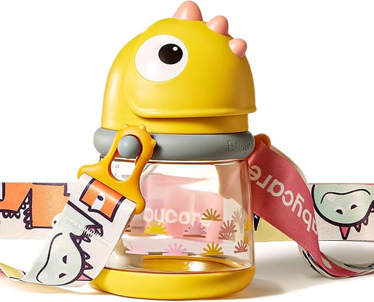 bc babycare Straw Sippy Cups for Toddler, No Spill Sippy Cups for Baby 1+ Year Old, Transition Weighted Sippy Cup with Straw and Strap, 10oz/300ml, Yellow-CubbioJoy