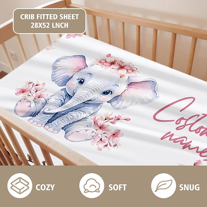 Custom Name Crib Bedding Set - Elephant Theme, Personalized Pink Flower Pattern Nursery Bedding 3-Piece Set– Soft Blanket, Fitted Sheet, Changing Pad Cover – for Newborns Girls Nursery Gifts-CubbioJoy