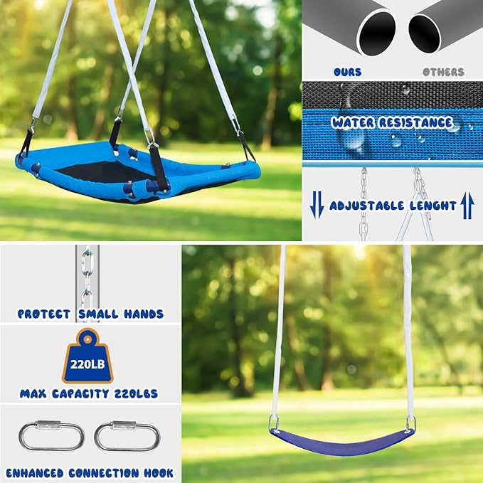 600lbs 6-in-1 Kids Swing Set, Backyard Playset with Belt & Platform Swings, Slide, Climbing Net, Basketball Hoop, Heavy-Duty A-Frame Metal Stand & 6 Anti-Tilt Stakes, Outdoor Gym for Ages 4-12-CubbioJoy