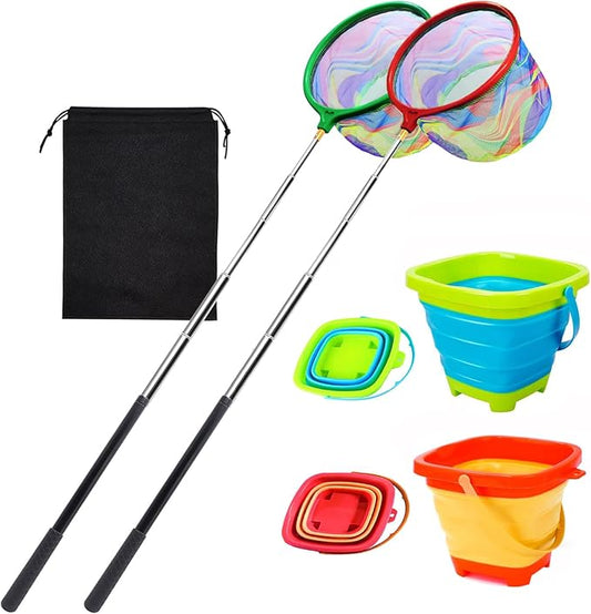 2PCS Fishing Net with Bucket, Telescopic Fishing Landing Net, Collapsible Kids Sand Bucket, Kids Fish Butterfly Catching for Freshwater Saltwater Outdoor Activities-CubbioJoy