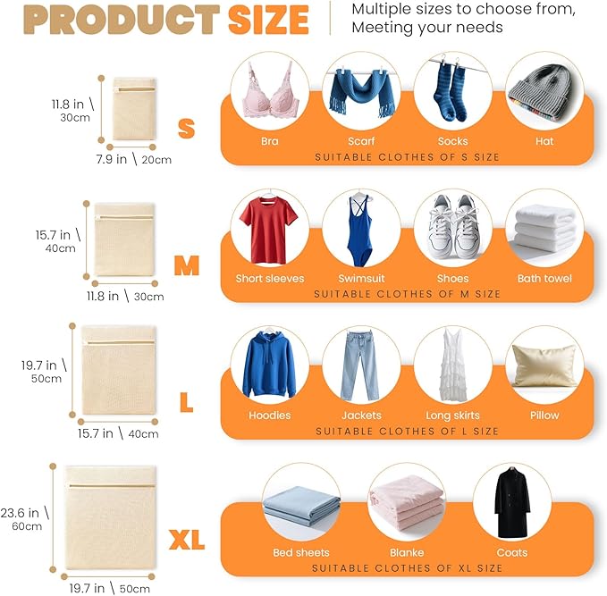 4Pcs Cotton Mesh Laundry Bags for Delicates,Breathable Mesh Garment Bag for Washing Machine, Travel Wash Bags with Zipper for Bras, Underwear, Socks, Clothes, Laundry Dorm Room Essentials(S-XL)-CubbioJoy