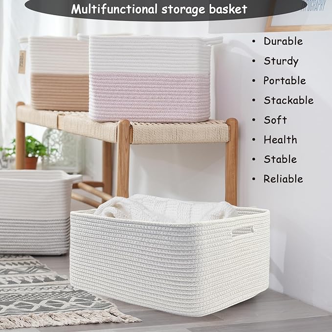 COMFY-HOMI Cotton Rope Woven Basket with Handles for Shelves,Toys,Book, Cloth Storage Baskets for Organizing-17" x 13" x 7.5" Toy Decorative Organizer for Living Room, Bathroom （All White）-CubbioJoy