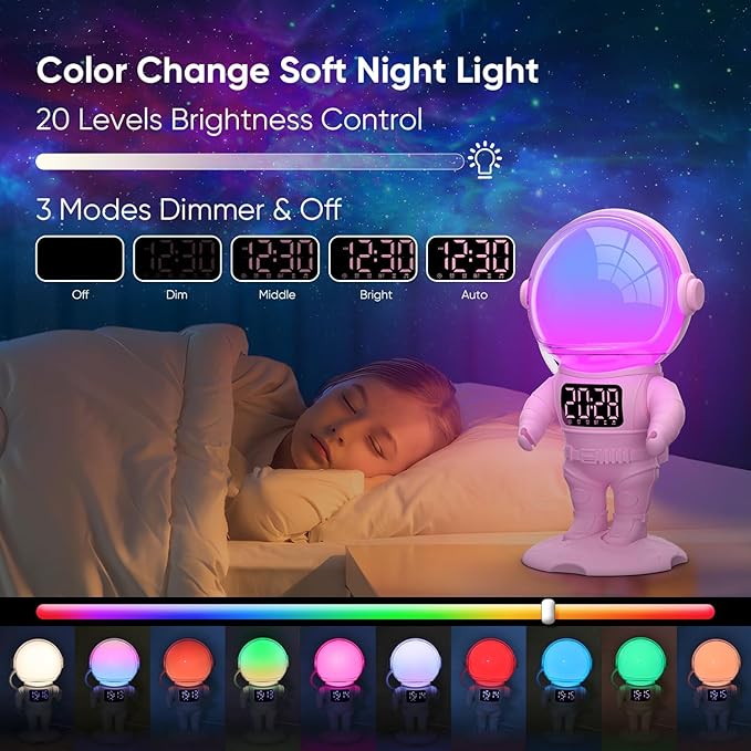 Astronaut Sunrise Alarm Clock for Kids, White Noise Sound Machine with 30 Soothing Sounds, 22 Dimmable Nightlights, Bluetooth Speaker, Dual Digital Alarm Clocks, Wake Up Light for Bedroom, Adults-CubbioJoy