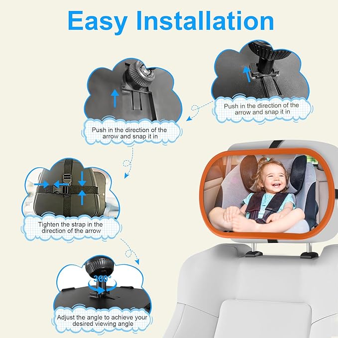 Baby Car Mirror, Safety Car Seat Mirror for Rear Facing Infant, Clear Wide View, 360°Rotation, Easily Observe the Baby Move, Secure, Shatterproof, Crash Tested and Certified(Orange)-CubbioJoy