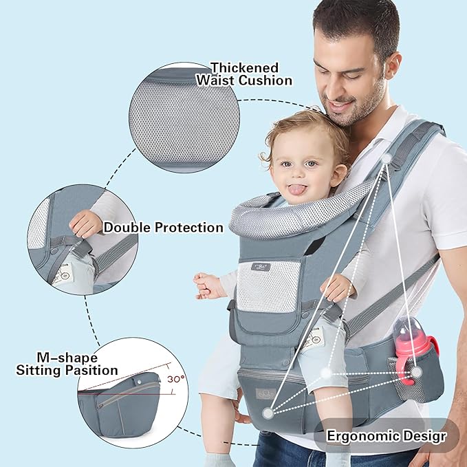 Baby Carrier Ergonomic Infant Carrier with Hip Seat Kangaroo Bag Soft Baby Carrier Newborn to Toddler 7-45lbs Front and Back Baby Holder Carrier for Men Dad Mom-CubbioJoy