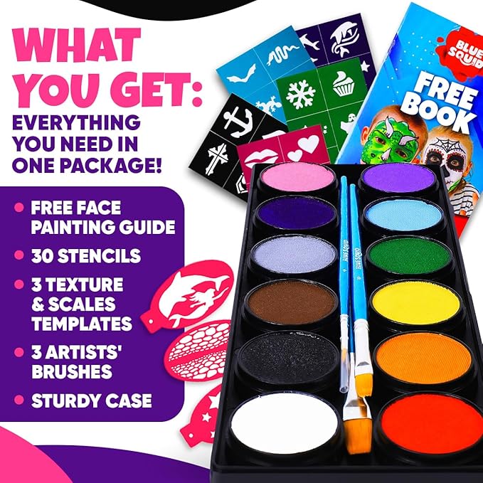 Blue Squid Face Painting Kit for Kids – Complete Face Paint Kit Palette, Stencils, 12 Colors - Safe for Sensitive Skin, Non Toxic Face Painting Kit Professional - Kids Party & Halloween Makeup Kit-CubbioJoy