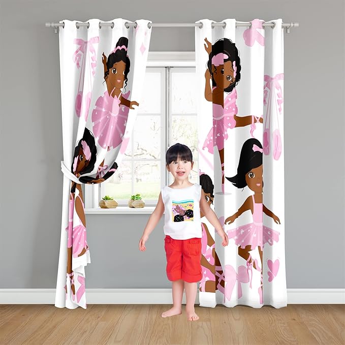 Cute Black Girl Curtain Panels for Girl Room Black Girl Curtains Grommets Top Drapes for Kids Nursery Bedroom Lovely Girls Themed Thermal Insulated Curtains, Black Girl Curtains, 82" x 84"-CubbioJoy