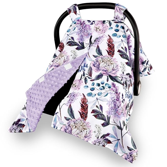 Car Seat Cover Baby, Infant Car Seat Canopy Covers for Newborn Girls Boys, Soft Breathable Mink Carseat Covers Stretchy Multi-Use Nursing Cover for Stroller Baby Car Seat, Purple Flroal-CubbioJoy