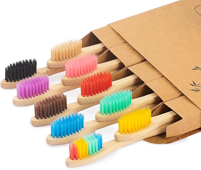 Biodegradable Bamboo Toothbrushes, 10 Piece BPA Free Soft Bristles Toothbrushes, Natural, Eco-Friendly, Green and Compostable (Multicolored Bristles)-CubbioJoy
