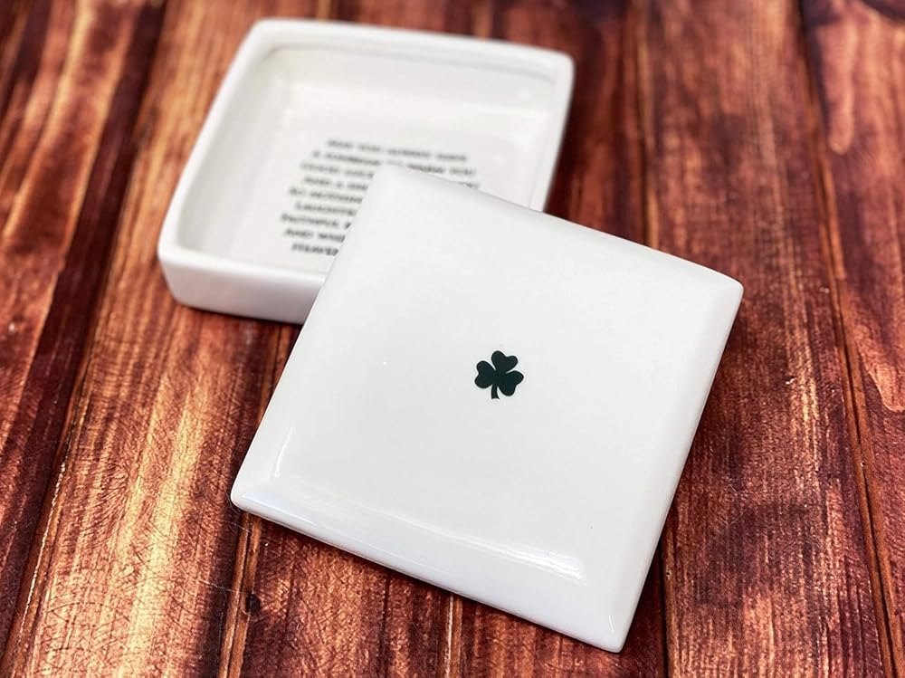Baptism Gift, First Communion Gift, or Confirmation Gift – Square Ceramic Keepsake Box with Irish Blessing and Shamrock in Green-CubbioJoy