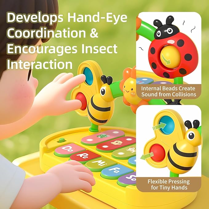 Baby Piano Toy for Kids 0-6-12-18 Months, Light Up Baby Keyboard Musical Toy with Press Pop Bubbles, 4 Modes Toddler Piano for Boys Girls Ages 1-3, Detachable & Portable Infant Toy Gift-CubbioJoy