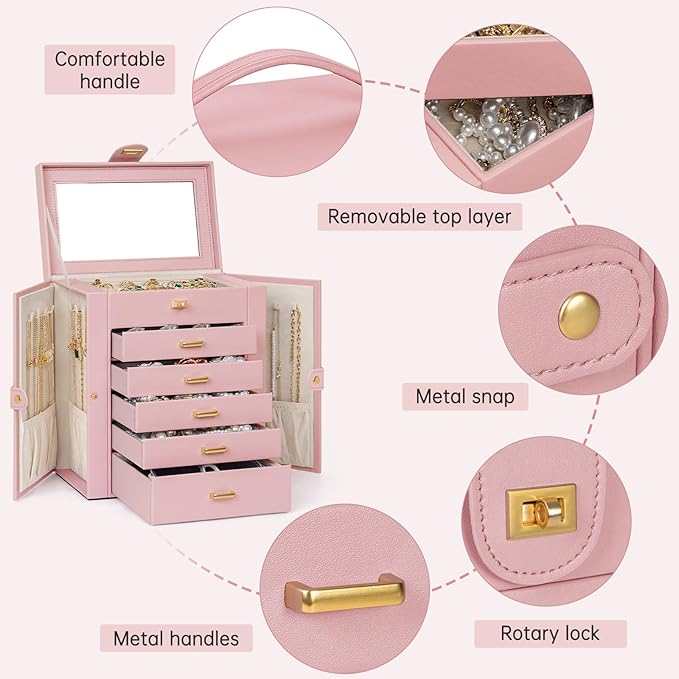 AKOZLIN 6-Tier Jewelry Box Organizer Functional 5 Drawers Leather Jewelry Storage Case for Women Girls Ring Necklace Earring Bracelet Holder Organizer with Mirror Pink-CubbioJoy