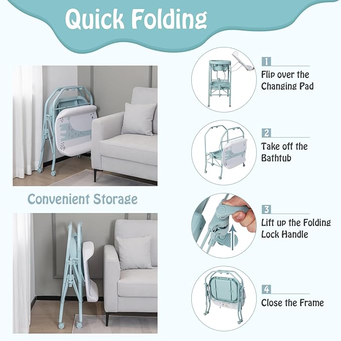 BABY JOY Baby Bathtub with Changing Table, Foldable Infant Diaper Changing Station with Storage Tray, Waterproof Pad, Portable Newborn Nursery Organizer Bath Stand with 4 Universal Wheels (Blue)-CubbioJoy