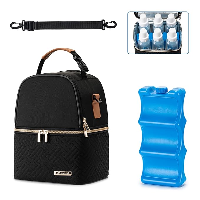 Breastmilk Cooler Bag with Ice Pack Fits 6 Baby Bottles up to 9 Ounce, Breast Milk Pump Cooler Bag with Shoulder Strap for Nursing Mom Daycare, Work, Travel- Black-CubbioJoy