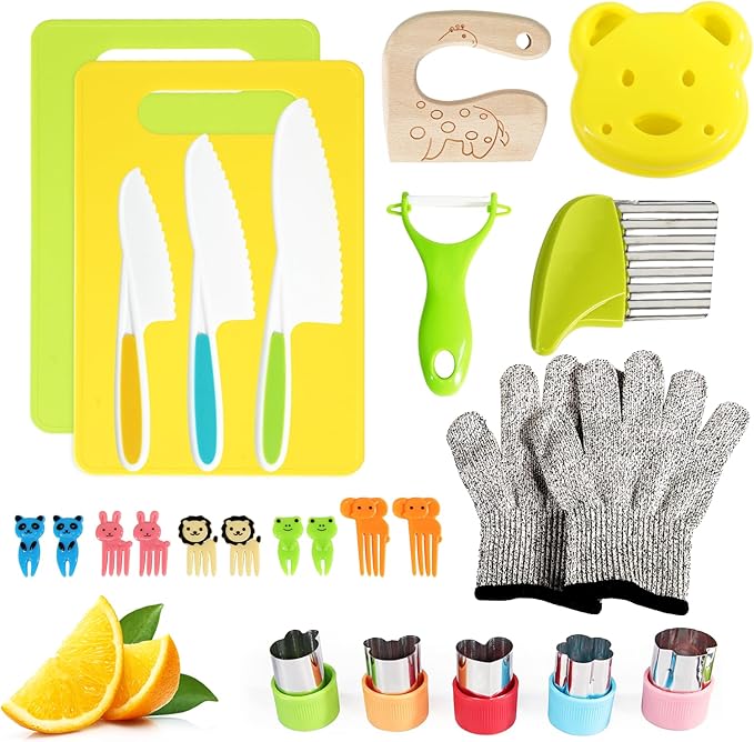 26 Pcs Kids Knife Set, Montessori Kitchen Tools for Toddlers' Real Cooking, BPA Free Knife Set Includes Crinkle Cutters Kid Safe Knives Cutting Board Peeler, Kitchen Tools for 4+ Year Old Girl Boy-CubbioJoy