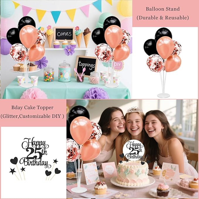 25th Birthday Decorations for Women - 56pcs Rose Gold Happy 25th Banner, Rhinestone Crown & Sash, Cake Topper, 40 Balloons, 3D Butterflies & 4 Balloon Stands (25)-CubbioJoy