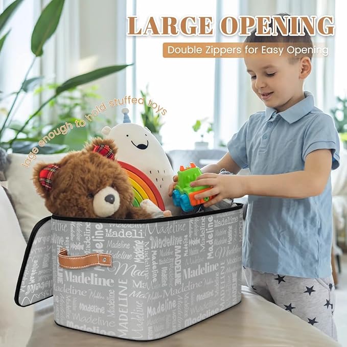 Custom Storage Basket with Name, Personalized Storage Bins with Zipper Lid, Foldable Fabric Storage Box Large capacity with Handle Grey-CubbioJoy