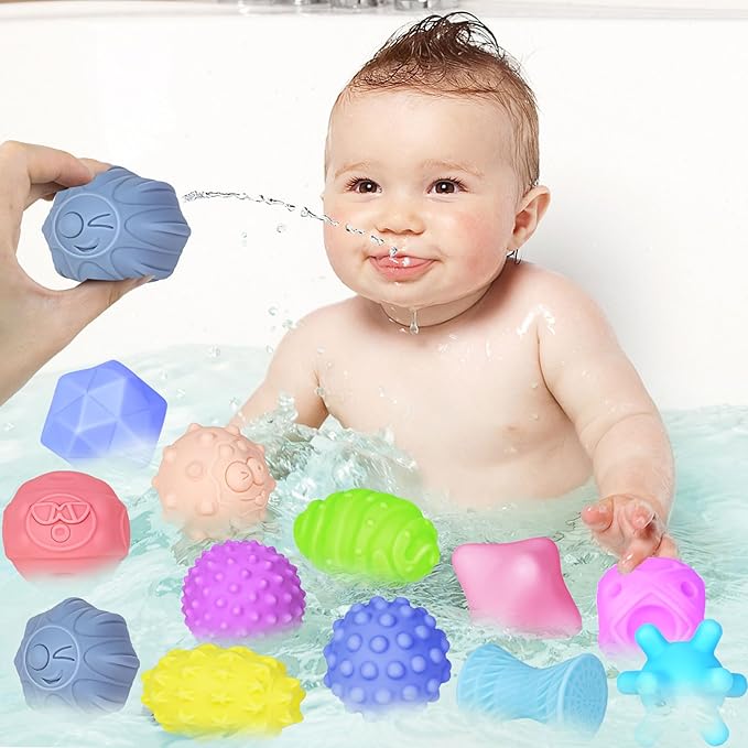 12 Pcs Sensory Balls for Toddlers, Sensory Baby Toys, Montessori Toy for Babies Squeeze, Infant Toys Soft Multi Ball Set Gifts with Bright Color Textured-CubbioJoy