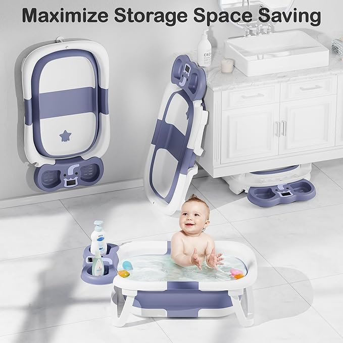 Collapsible Baby Bathtub,Baby Bath Tub with Soft Cushion & Thermometer,Baby Bathtub Newborn to Toddler 0-36 Months,Portable Travel Baby Tub-CubbioJoy