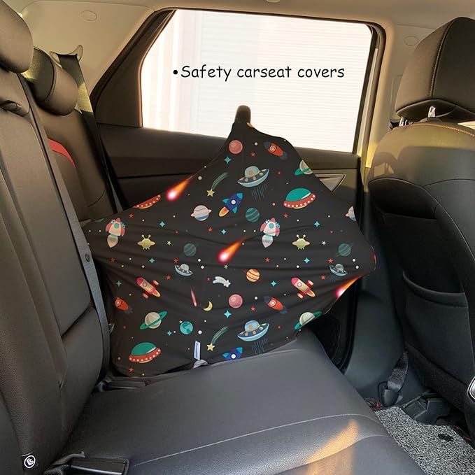 Carseat Covers Unisex - Black Creative Spacecraft Pattern Car Seat Canopy Cover for Babies, Multi-use Breastfeeding Cover, Baby Shower Gifts for Boy and Girls-CubbioJoy