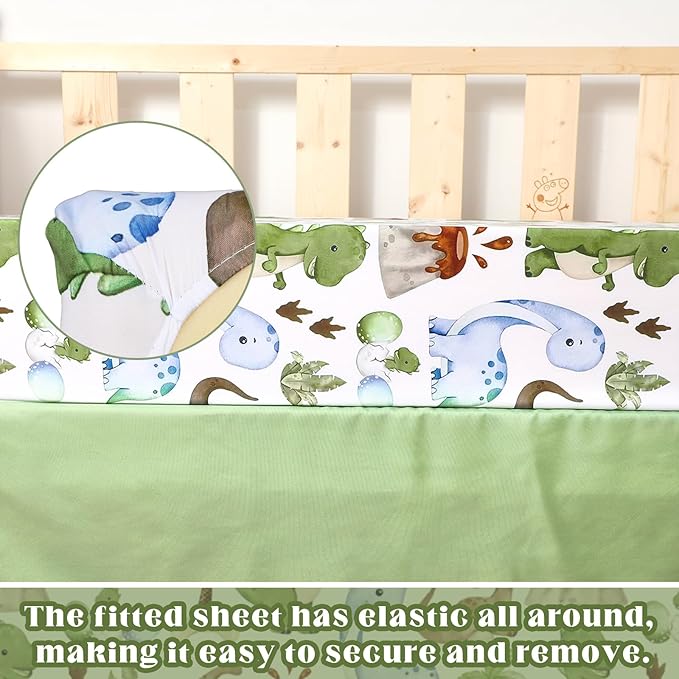 3 Pcs Baby Crib Bedding Set Safari Animals Dinosaurs Bear Woodland Animals Jungle Crib Set Includes Quilt, Fitted Sheet, Skirt for Baby Boy Girl(Green,Dinosaur)-CubbioJoy
