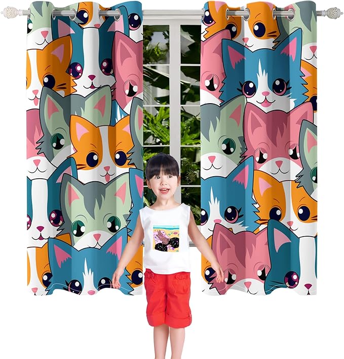 Cat Blackout Curtains for Girls - 2Pcs Cute Cartoon Cat Patterns Curtain Panels for Girls Bedroom Lovely Cats Drapes Darkening Window Curtain for Living Room Bedroom, 82" x 63"-CubbioJoy