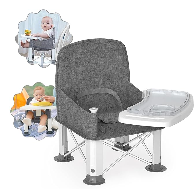 Baby Travel Booster Seat with Double Tray, BabyBond Upgraded Toddler Portable Baby Chair, Booster Seat for Dining Table, Stable and Foldable Booster Baby Chair for Indoor/Outdoor (Grey)-CubbioJoy