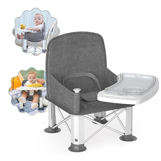 Baby Travel Booster Seat with Double Tray, BabyBond Upgraded Toddler Portable Baby Chair, Booster Seat for Dining Table, Stable and Foldable Booster Baby Chair for Indoor/Outdoor (Grey)-CubbioJoy