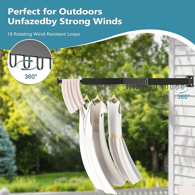 JAUREE Clothes Drying Rack Wall Mounted, Laundry Drying Rack Collapsible, Space Saving Wall Drying Rack Clothing Foldable, Tri-Fold Retractable Rack Outdoor Indoor with 18 Hooks, Black-CubbioJoy