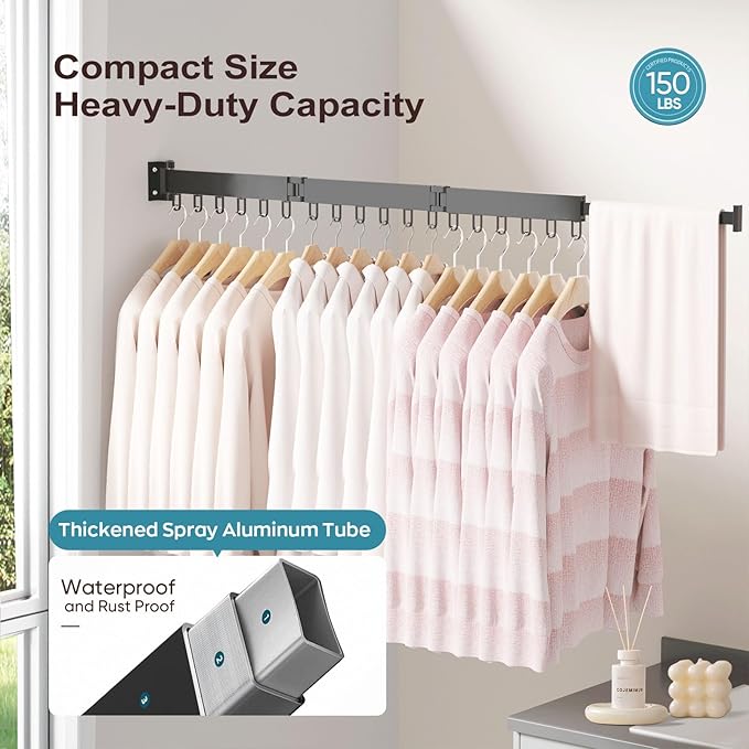 JAUREE Clothes Drying Rack Wall Mounted, Laundry Drying Rack Collapsible, Space Saving Wall Drying Rack Clothing Foldable, Tri-Fold Retractable Rack Outdoor Indoor with 18 Hooks, Black-CubbioJoy