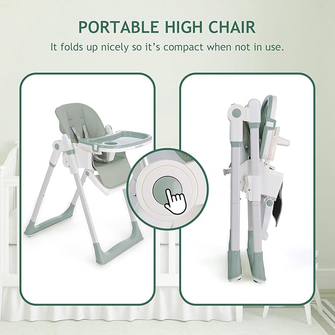 3 in 1 Baby High Chair with Wheels, Adjustable 5 Point Harness, Tray, Foot Rest, Backrest and Seat Height, Foldable High Chair for Toddlers, Green-CubbioJoy