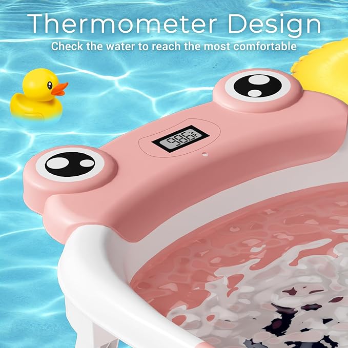 Baby Bathtub, Collapsible Newborn Bathtub for Infant to Toddler 0-24 Months with Soft Cushion and Thermometer,Portable Travel Newborn Tub with No-Slip Feet, Baby Shower Gifts,Pink-CubbioJoy