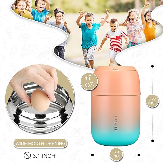 Insulated Food Container 17 oz Soup Thermo for Hot Food Adults, Stainless Steel Vacuum Lunch Box with Folding Spoon, Adult Kids Thermo Portable with Handle for School, Office, Outdoor-CubbioJoy