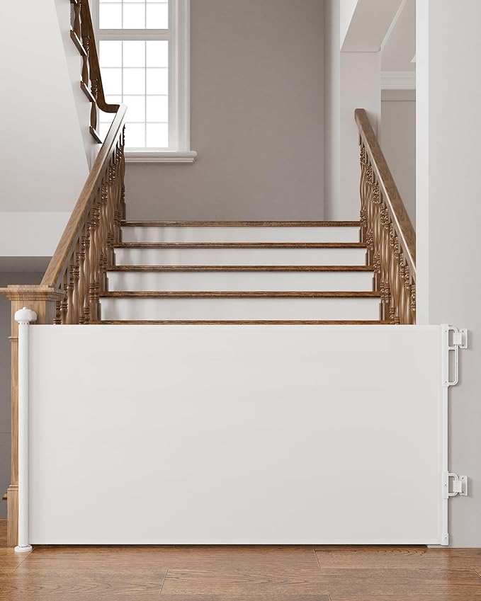 Cumbor 76" Wide Long Retractable Baby Gates for Stairs, Mesh Dog Gate for The House, 34" Tall Extra Wide Pet Gate for Dogs, Child Safety Gates for Doorways, Hallways, Cat Gate Indoor/Outdoor(White)-CubbioJoy