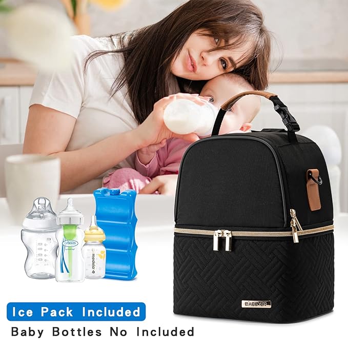 Breastmilk Cooler Bag with Ice Pack Fits 6 Baby Bottles up to 9 Ounce, Breast Milk Pump Cooler Bag with Shoulder Strap for Nursing Mom Daycare, Work, Travel- Black-CubbioJoy