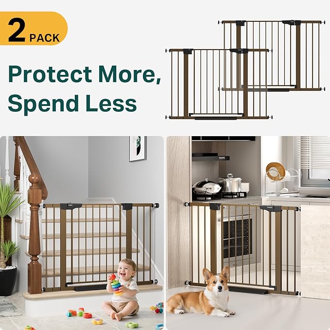 Cumbor 2 Pack 29.7-46" Baby Gate for Stairs, Mom's Choice Awards Winner-Auto Close Dog Gate for doorways, Easy Install Pressure Mounted Pet Gates indoor, Easy Walk Thru Wide Safety Gate for Dog, Brown-CubbioJoy