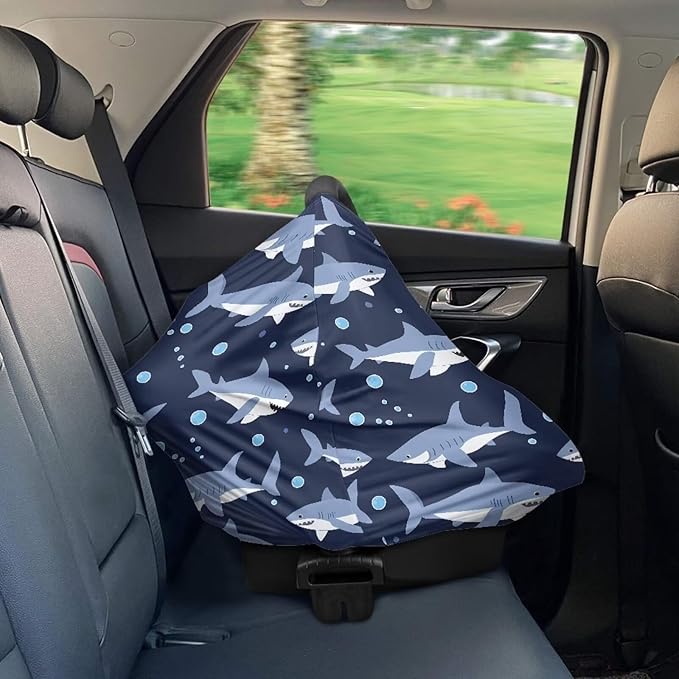 Binienty Cartoon Shark Print Car Seat Canopies for Baby Boys Girls, Women's Light Soft Nursing Cover Breastfeeding Scarf Breathable Stroller Cover for Sun and Windy-CubbioJoy