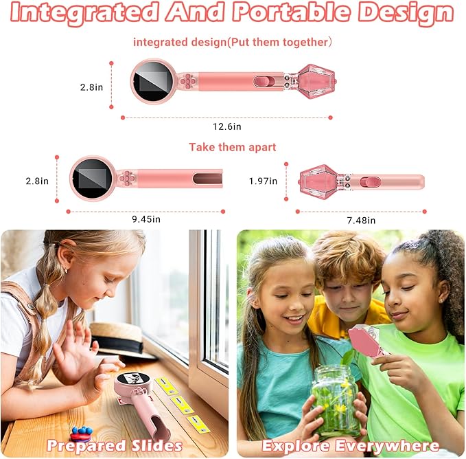 2 in 1 Kids Microscope with Bug Catcher,HD 500X Digital Microscope for Kids with 2" Screen,Photo and Video,STEM Educational Science Kit Learning Toys for Age 3-12 Girls & Boys Birthday Gifts (Pink)-CubbioJoy