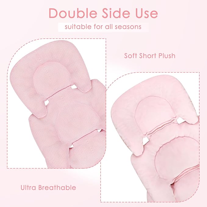 Infant Car Seat Insert for Newborn Girls Boys, Summer Mesh Baby Carseat Head Support with Strap Pads, Soft Reversible Baby Car Seat Insert Cushion Pad for Car Seat, Stroller, Bouncer, Swing, Pink-CubbioJoy