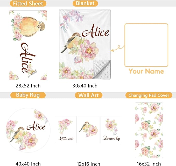 Custom Baby Bedding Set - 5 Pcs Customized Nursery Bedding Set with Name - Comfortable Double Layer Crib Sets for Girls Boys - Personalized Gifts for Infants Toddlers New Parents - Floral Bird-CubbioJoy