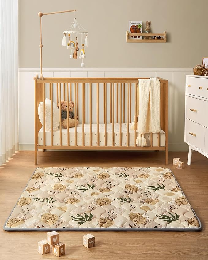 Blissful Diary Baby Play Mats for Floor, 50x50 Playpen Mat, Thick Cushioning Padding Foam Playmat for Baby and Toddlers Infants, Non-Slip & Machine Washable, Earth Tones Design-CubbioJoy